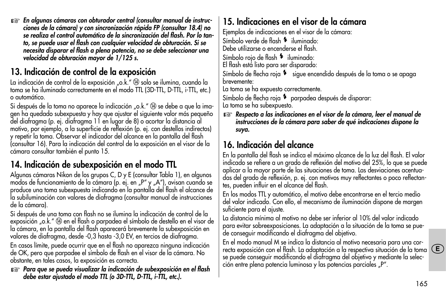 Indicación de control de la exposición, Indicación de subexposición en el modo ttl, Indicaciones en el visor de la cámara | Indicación del alcance | Metz MECABLITZ 58 AF-1 digital Nikon User Manual | Page 165 / 182