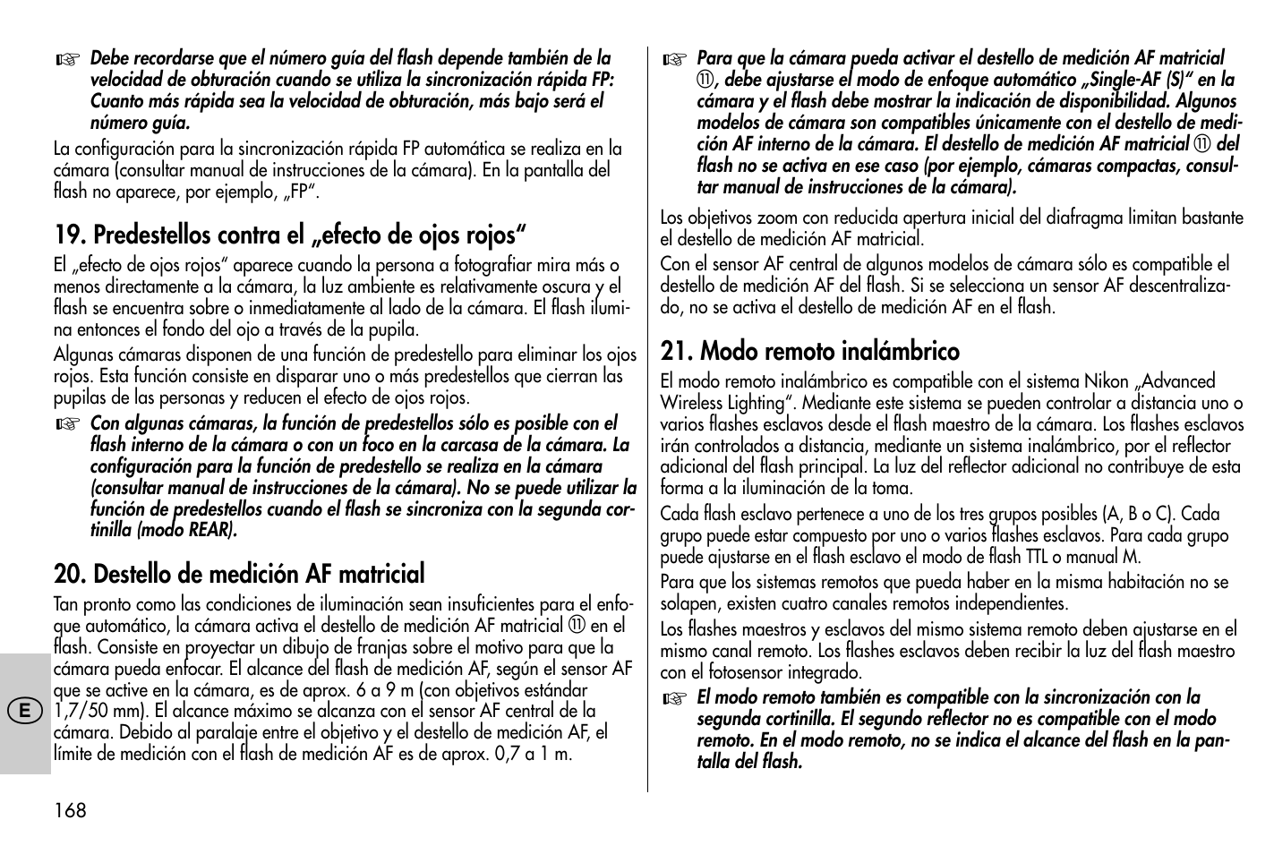 Predestellos contra el „efecto de ojos rojos, Destello de medición af matricial, Modo remoto inalámbrico | Metz MECABLITZ 58 AF-1 digital Nikon User Manual | Page 168 / 182