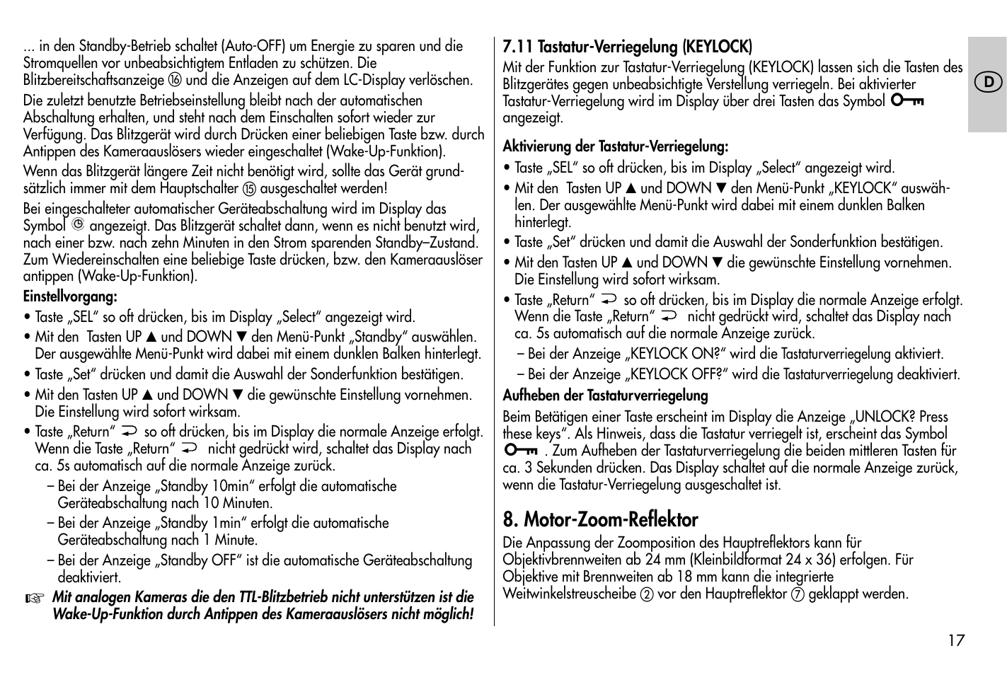 Motor-zoom-reflektor | Metz MECABLITZ 58 AF-1 digital Nikon User Manual | Page 17 / 182