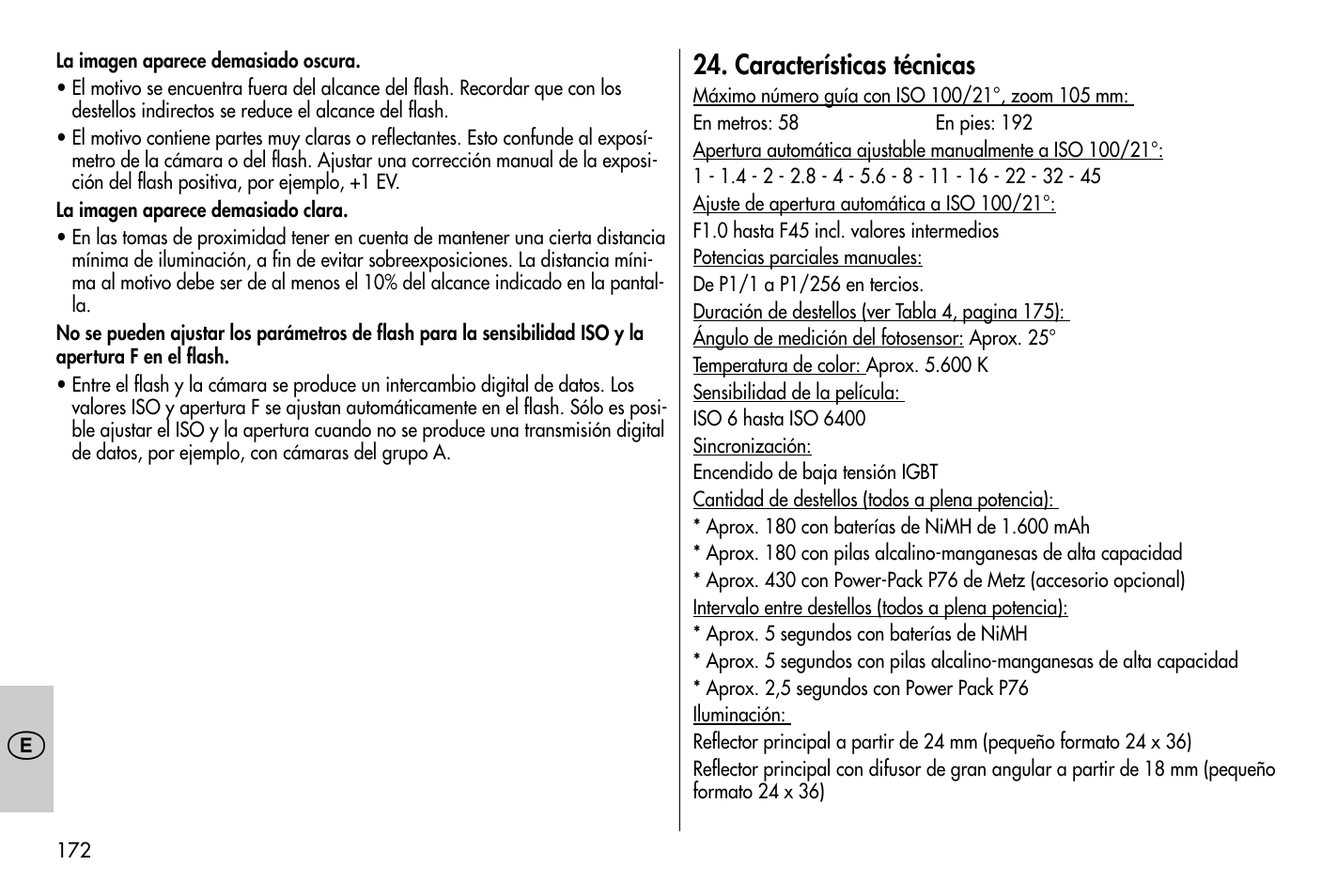 Características técnicas | Metz MECABLITZ 58 AF-1 digital Nikon User Manual | Page 172 / 182