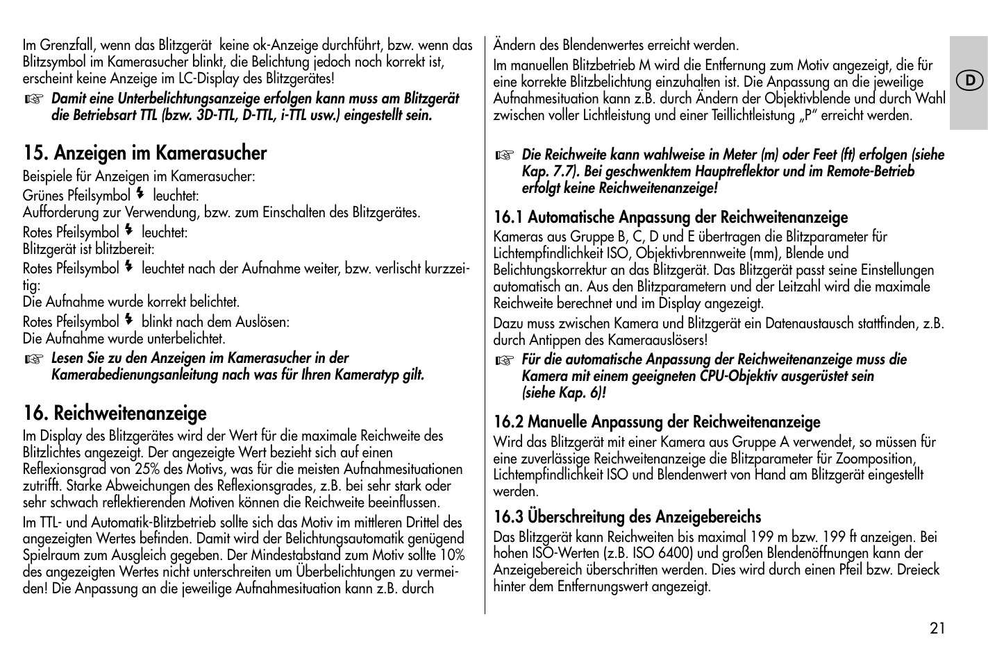 Anzeigen im kamerasucher, Reichweitenanzeige | Metz MECABLITZ 58 AF-1 digital Nikon User Manual | Page 21 / 182