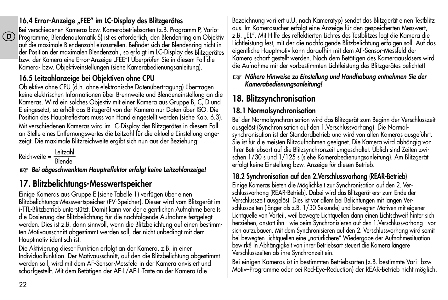 Blitzbelichtungs-messwertspeicher, Blitzsynchronisation | Metz MECABLITZ 58 AF-1 digital Nikon User Manual | Page 22 / 182