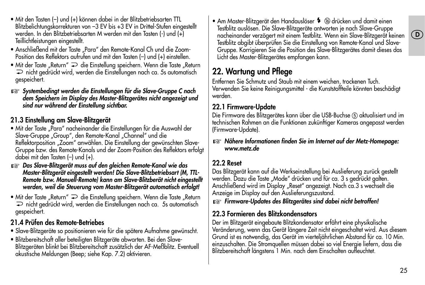 Wartung und pflege | Metz MECABLITZ 58 AF-1 digital Nikon User Manual | Page 25 / 182