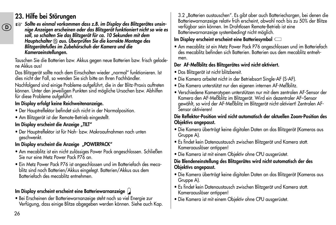 Hilfe bei störungen | Metz MECABLITZ 58 AF-1 digital Nikon User Manual | Page 26 / 182