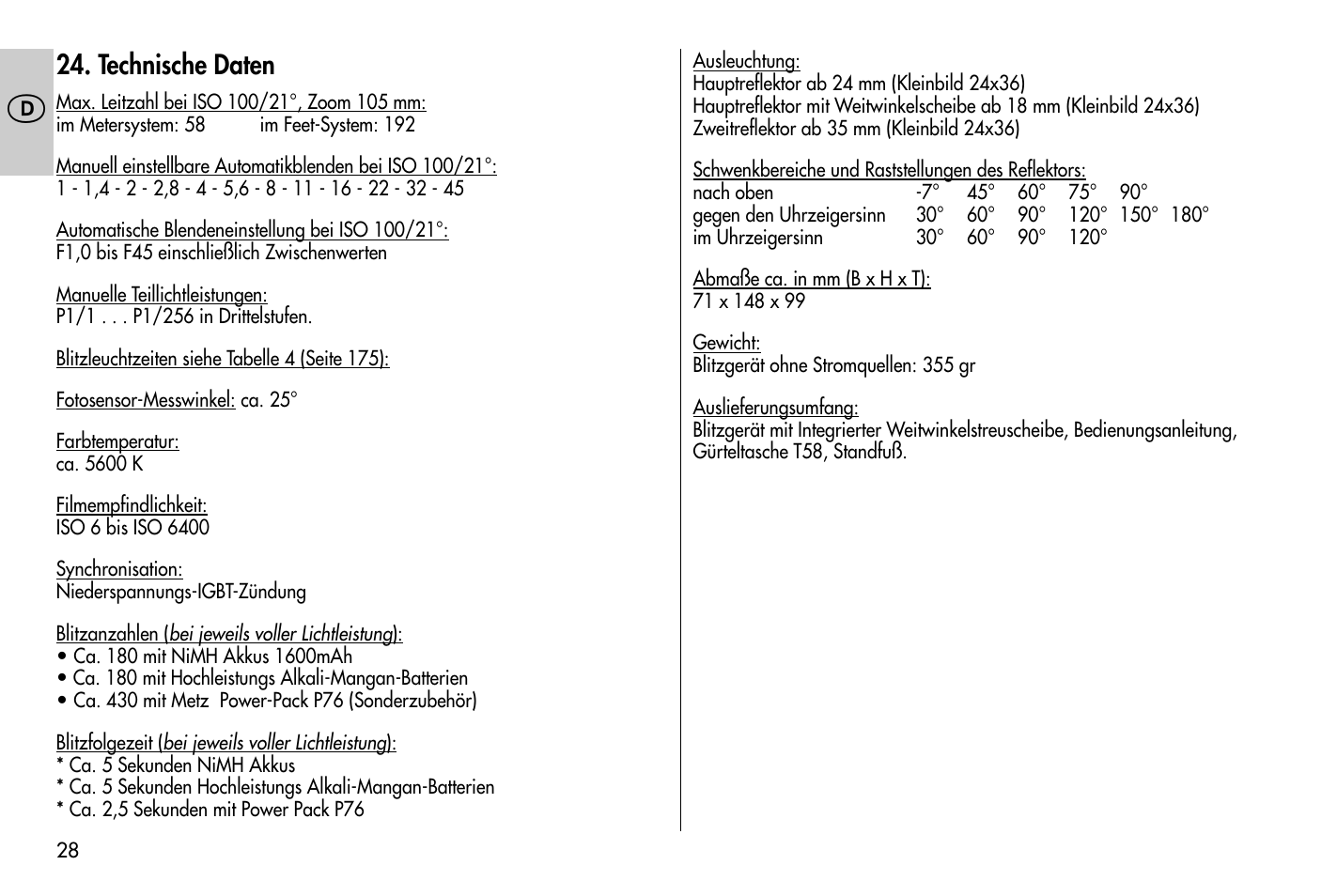 Technische daten | Metz MECABLITZ 58 AF-1 digital Nikon User Manual | Page 28 / 182