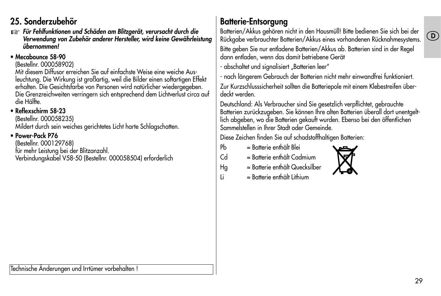 Sonderzubehör, Batterie-entsorgung | Metz MECABLITZ 58 AF-1 digital Nikon User Manual | Page 29 / 182