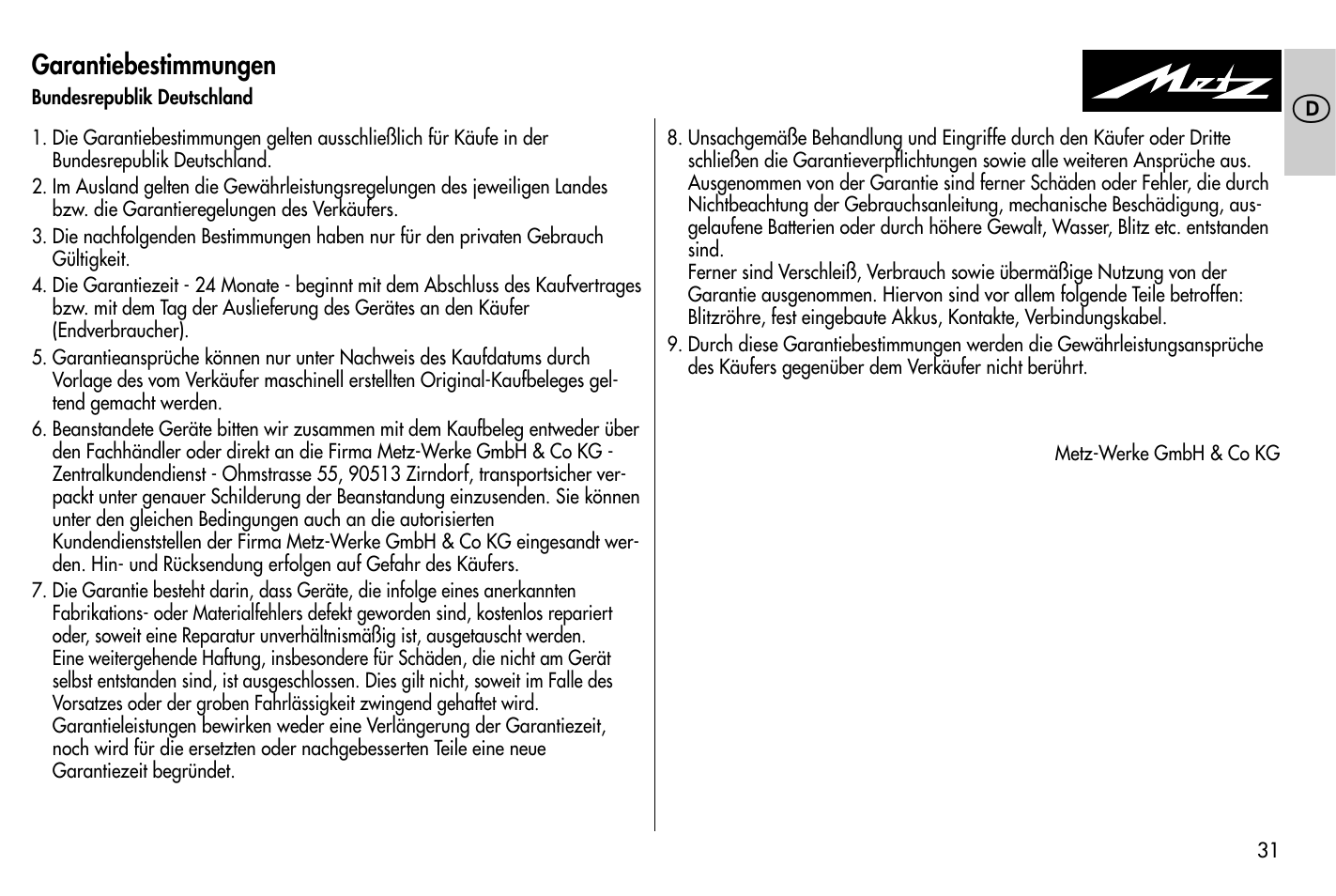 Garantiebestimmungen | Metz MECABLITZ 58 AF-1 digital Nikon User Manual | Page 31 / 182