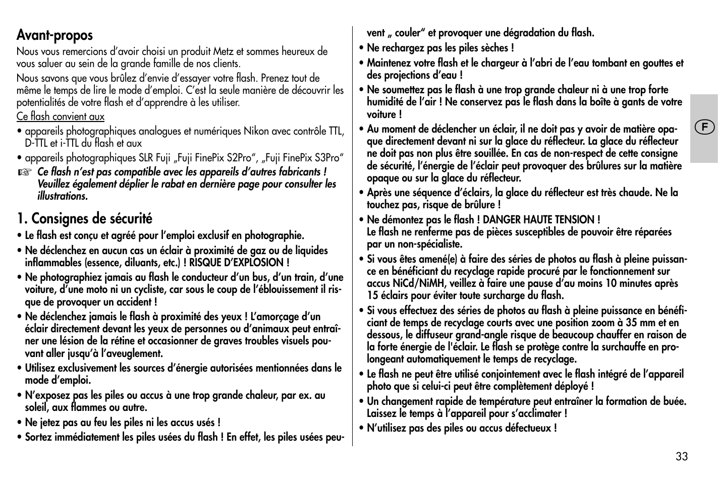 Avant-propos, Consignes de sécurité | Metz MECABLITZ 58 AF-1 digital Nikon User Manual | Page 33 / 182