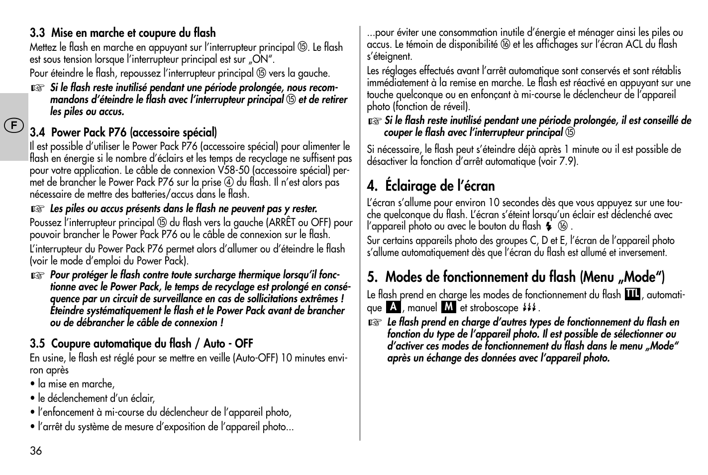 Éclairage de l’écran, Modes de fonctionnement du flash (menu „mode“) | Metz MECABLITZ 58 AF-1 digital Nikon User Manual | Page 36 / 182