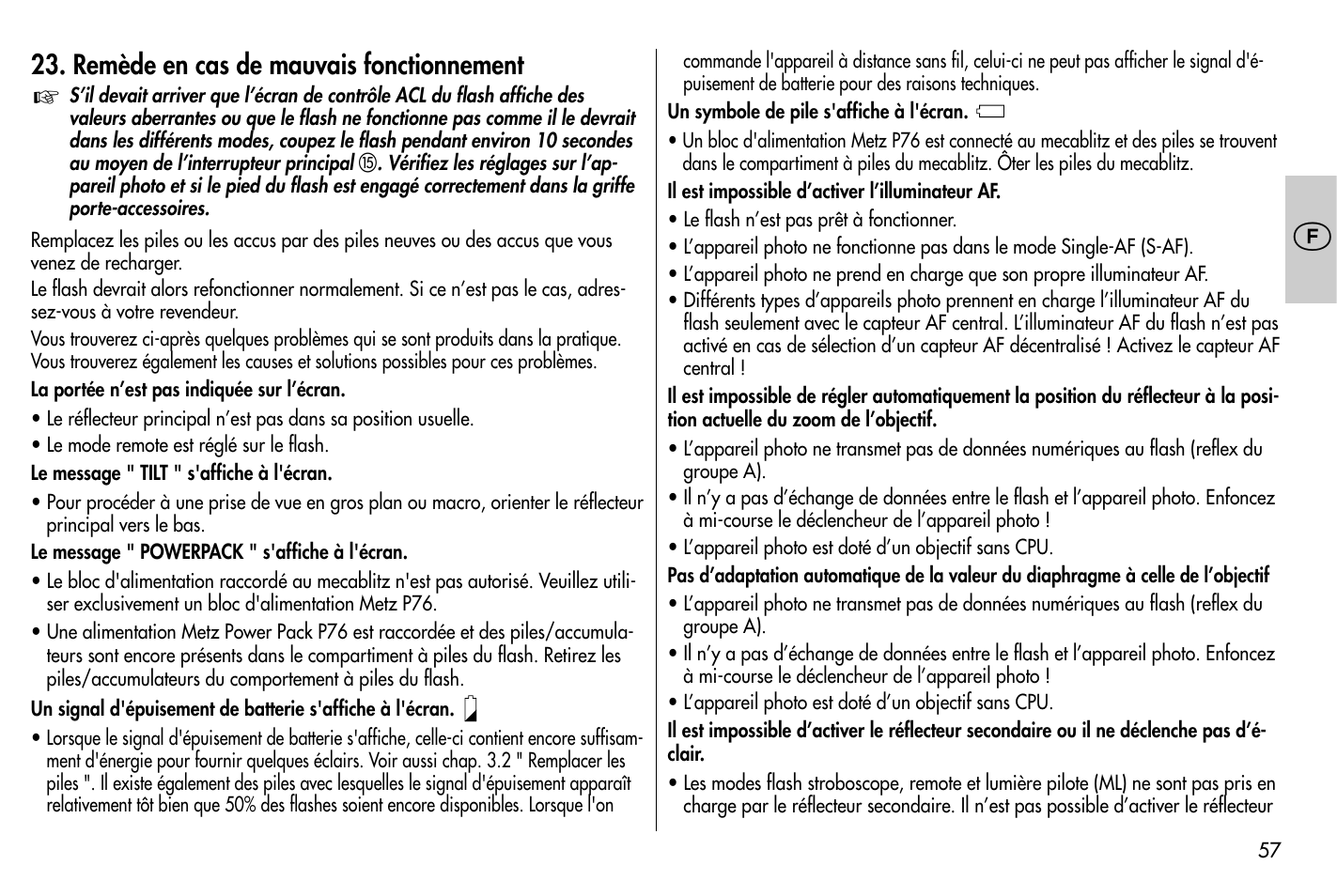 Remède en cas de mauvais fonctionnement | Metz MECABLITZ 58 AF-1 digital Nikon User Manual | Page 57 / 182