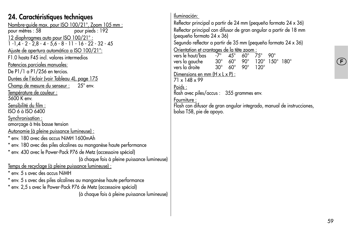 Caractéristiques techniques | Metz MECABLITZ 58 AF-1 digital Nikon User Manual | Page 59 / 182