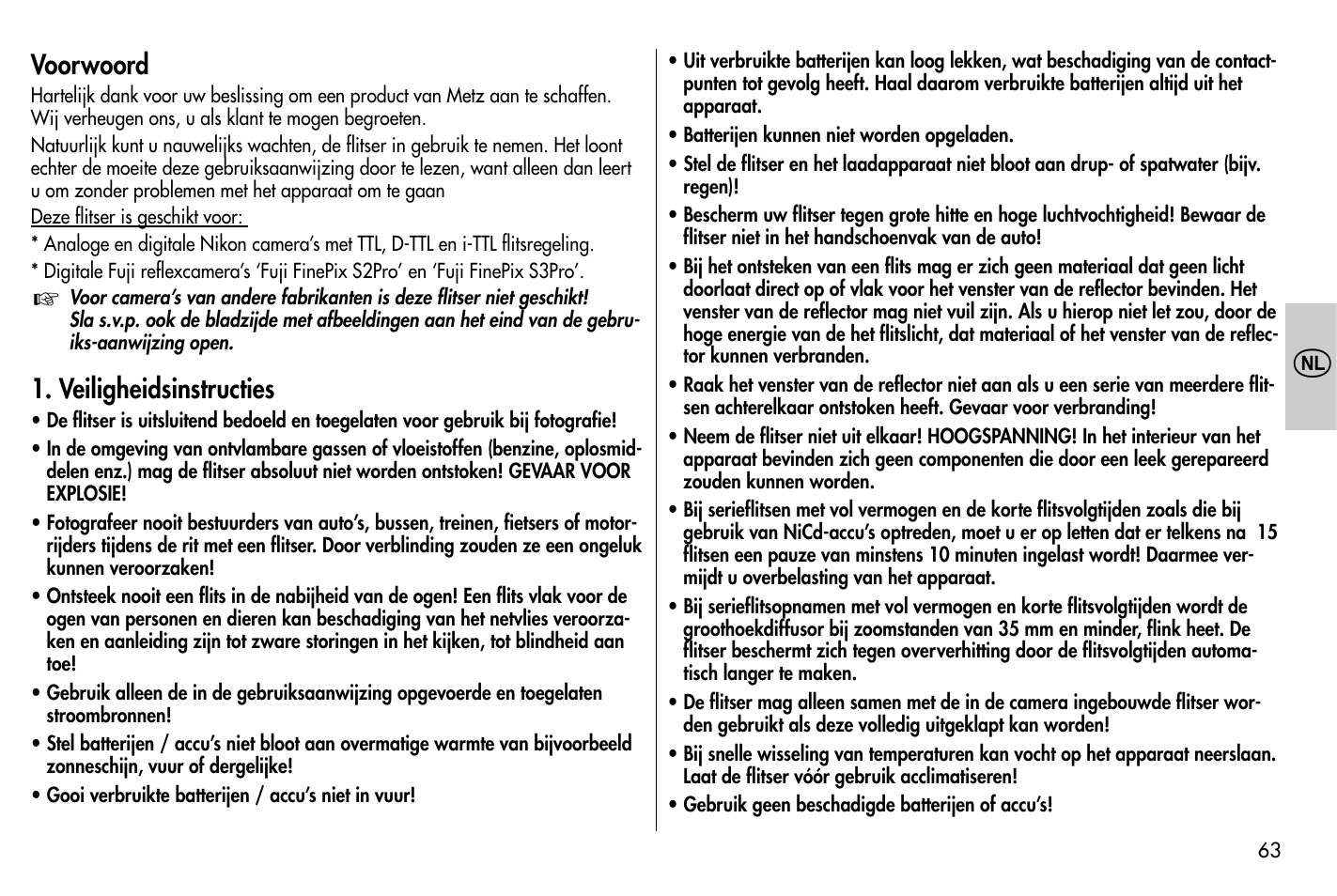 Voorwoord, Veiligheidsinstructies | Metz MECABLITZ 58 AF-1 digital Nikon User Manual | Page 63 / 182