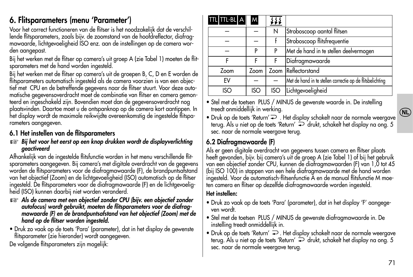 Flitsparameters (menu ‘parameter’) | Metz MECABLITZ 58 AF-1 digital Nikon User Manual | Page 71 / 182