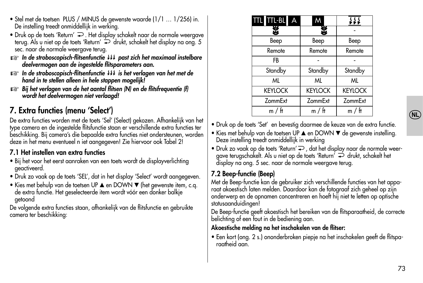 Extra functies (menu ‘select’) | Metz MECABLITZ 58 AF-1 digital Nikon User Manual | Page 73 / 182