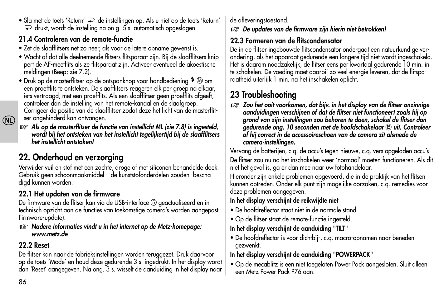 Onderhoud en verzorging, 23 troubleshooting | Metz MECABLITZ 58 AF-1 digital Nikon User Manual | Page 86 / 182