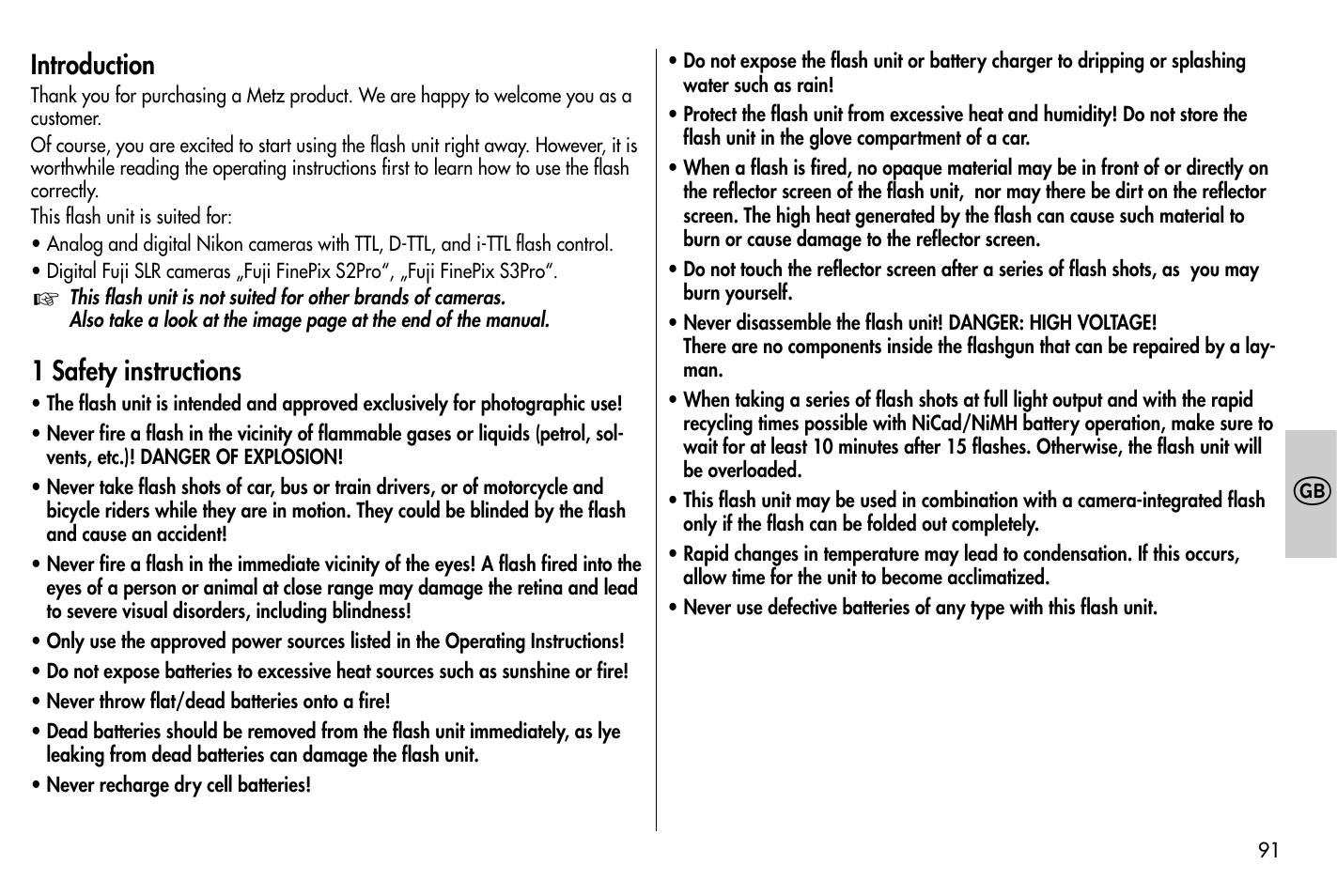 Introduction, 1 safety instructions | Metz MECABLITZ 58 AF-1 digital Nikon User Manual | Page 91 / 182