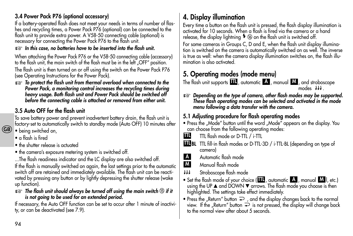 Display illumination, Operating modes (mode menu) | Metz MECABLITZ 58 AF-1 digital Nikon User Manual | Page 94 / 182