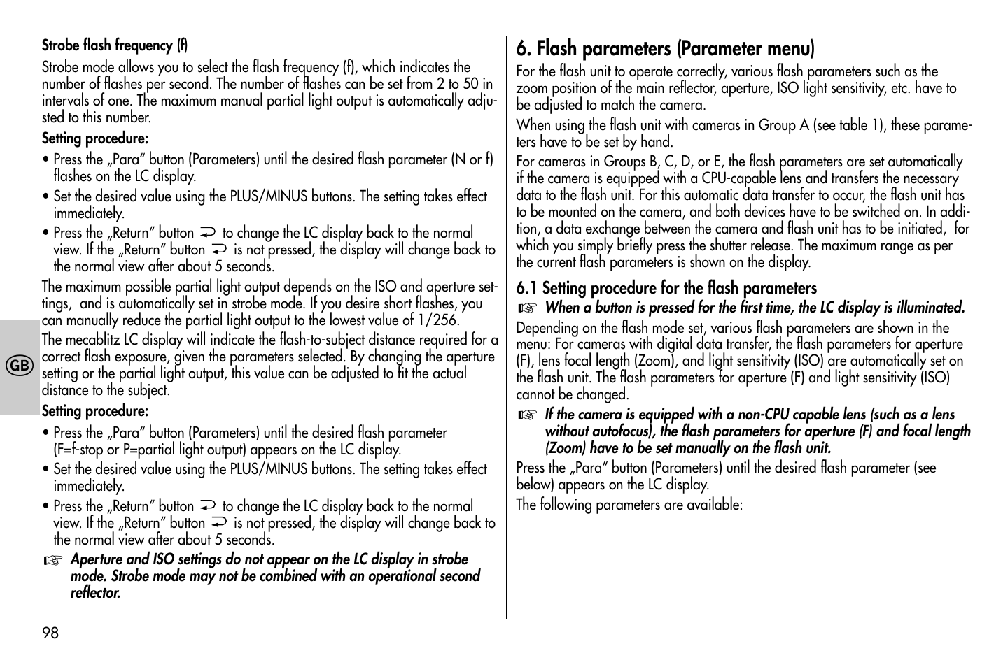 Flash parameters (parameter menu) | Metz MECABLITZ 58 AF-1 digital Nikon User Manual | Page 98 / 182