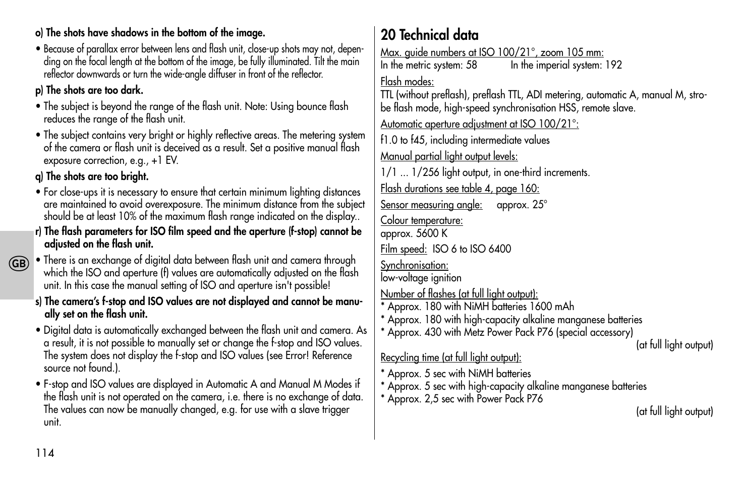 20 technical data | Metz MECABLITZ 58 AF-1 digital Sony User Manual | Page 114 / 182