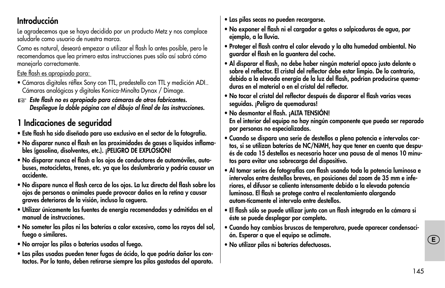 Introducción, 1 indicaciones de seguridad | Metz MECABLITZ 58 AF-1 digital Sony User Manual | Page 145 / 182