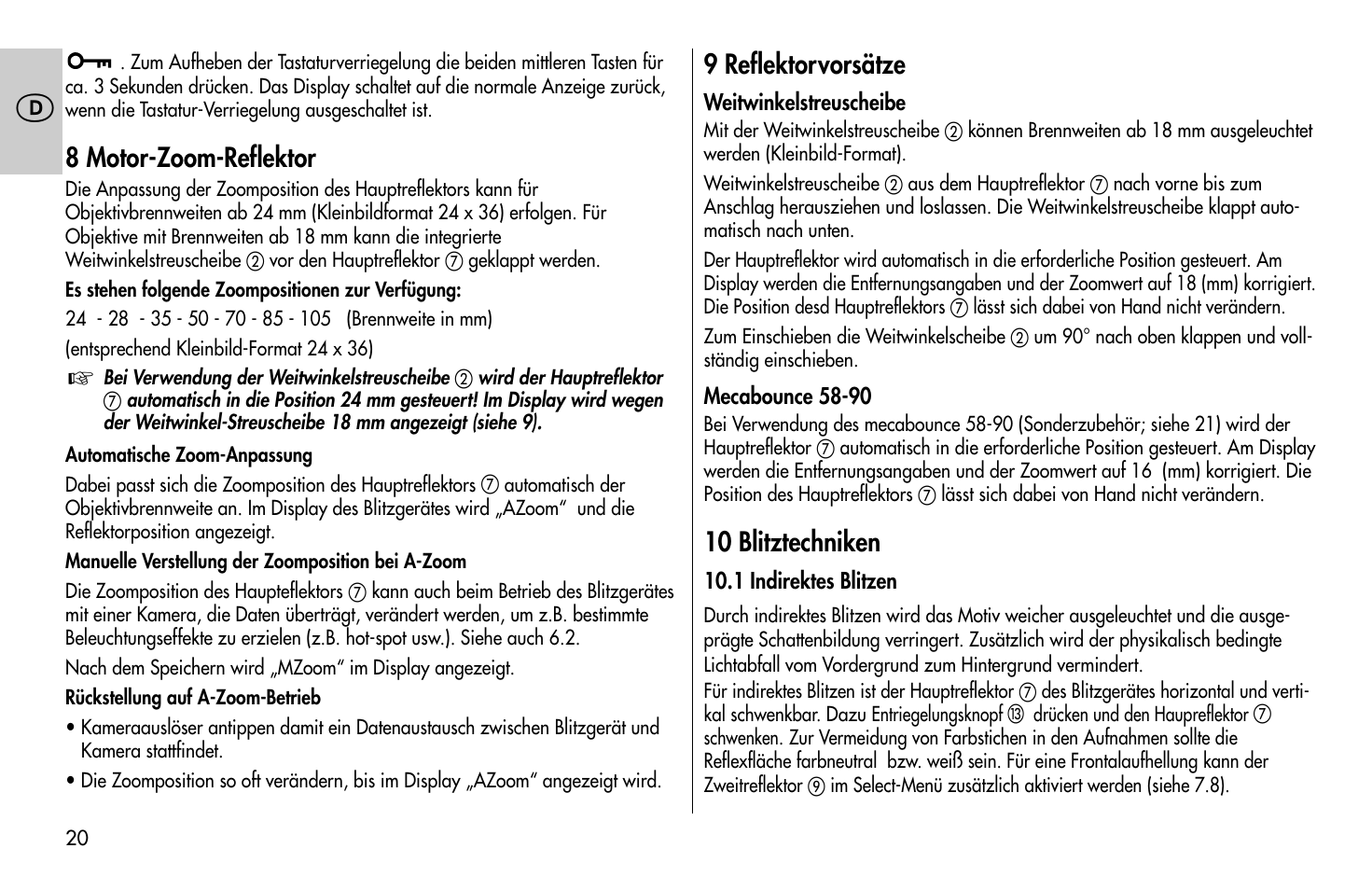 8 motor-zoom-reflektor, 9 reflektorvorsätze, 10 blitztechniken | Metz MECABLITZ 58 AF-1 digital Sony User Manual | Page 20 / 182