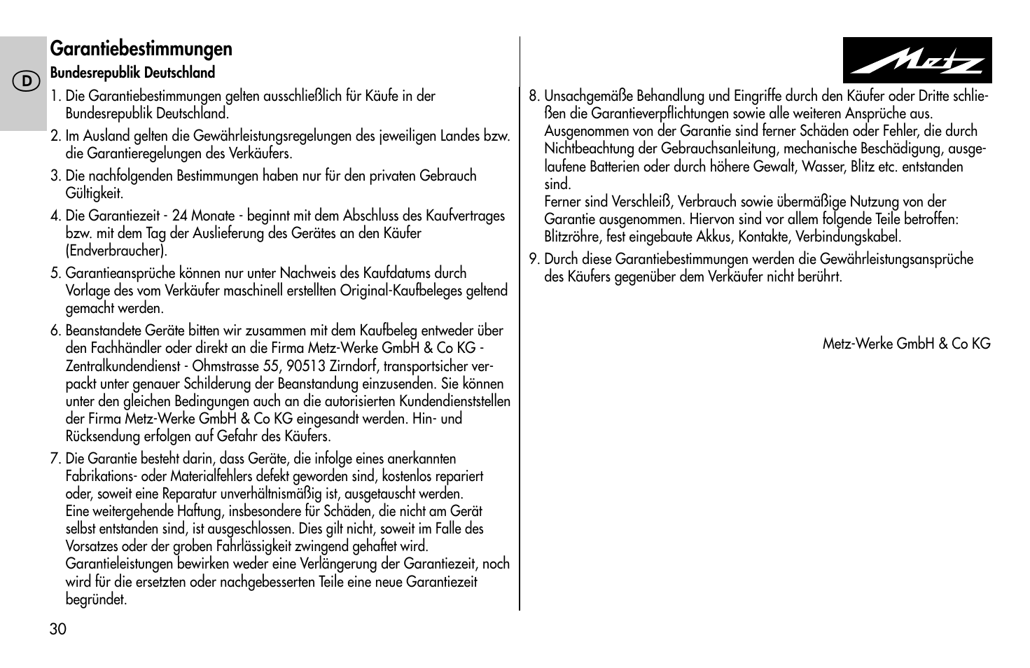 Garantiebestimmungen | Metz MECABLITZ 58 AF-1 digital Sony User Manual | Page 30 / 182