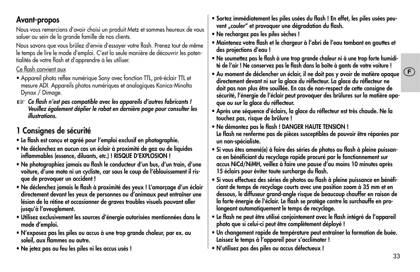 Avant-propos, 1 consignes de sécurité | Metz MECABLITZ 58 AF-1 digital Sony User Manual | Page 33 / 182