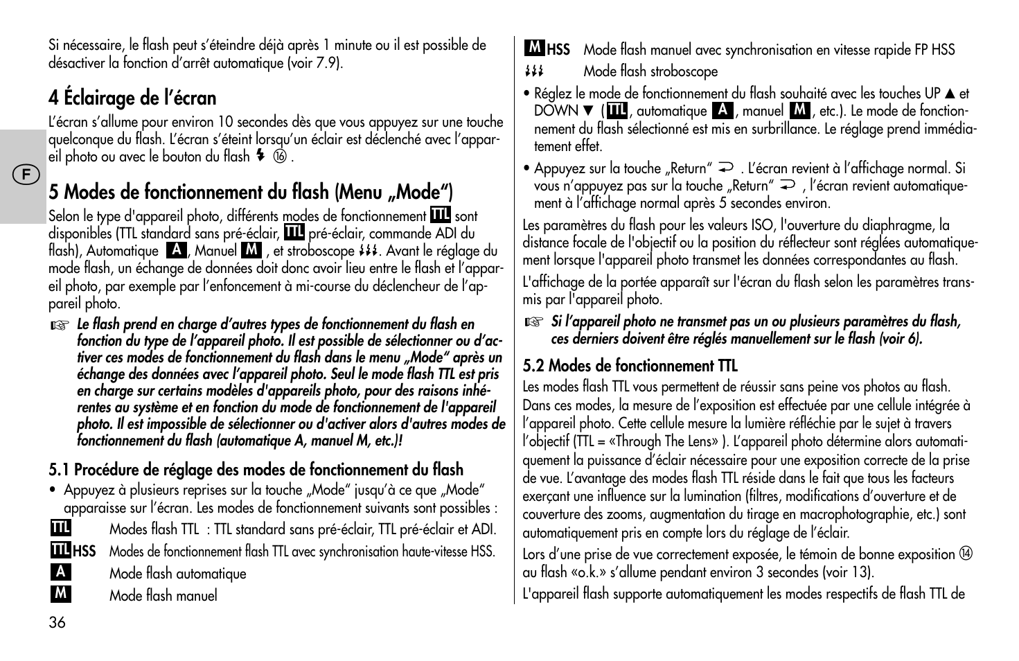 4 éclairage de l’écran, 5 modes de fonctionnement du flash (menu „mode“) | Metz MECABLITZ 58 AF-1 digital Sony User Manual | Page 36 / 182