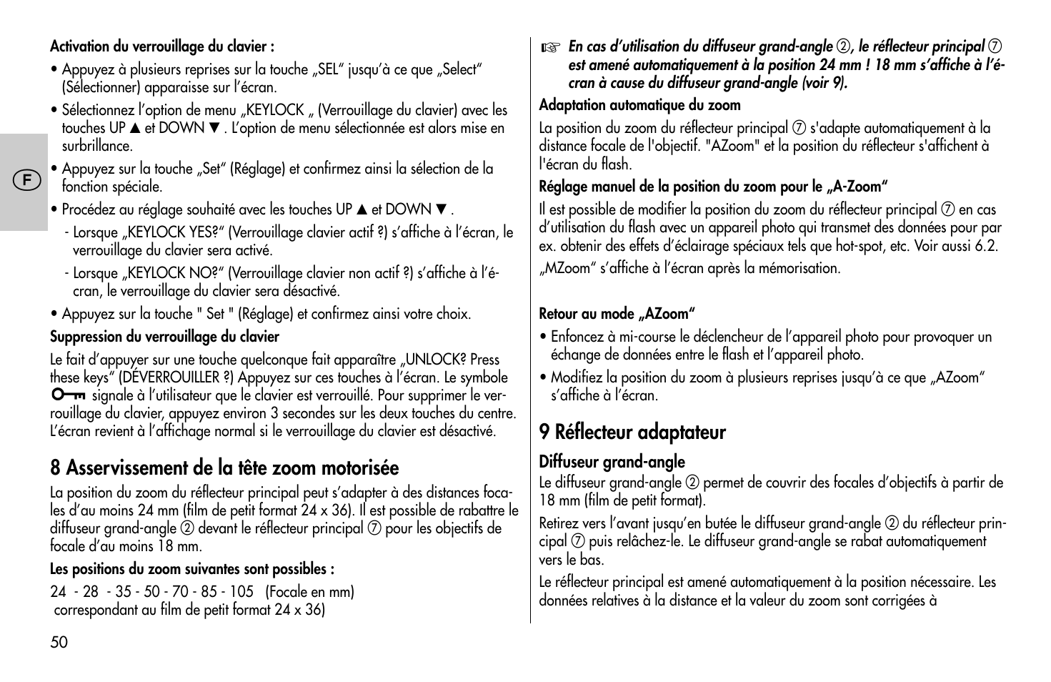8 asservissement de la tête zoom motorisée, 9 réflecteur adaptateur | Metz MECABLITZ 58 AF-1 digital Sony User Manual | Page 50 / 182