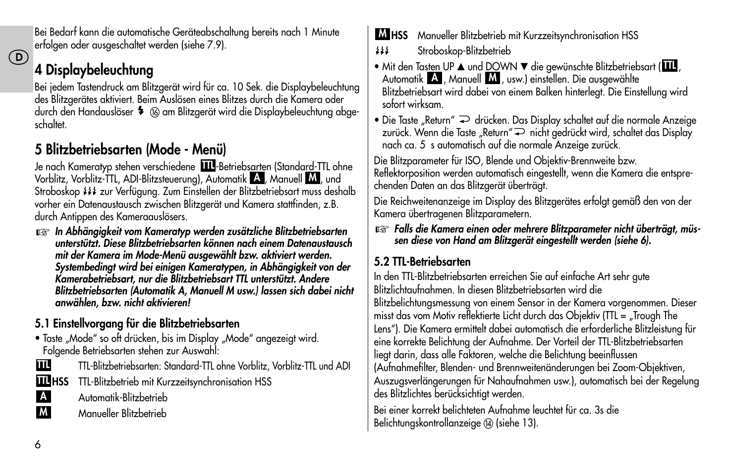 4 displaybeleuchtung, 5 blitzbetriebsarten (mode - menü) | Metz MECABLITZ 58 AF-1 digital Sony User Manual | Page 6 / 182