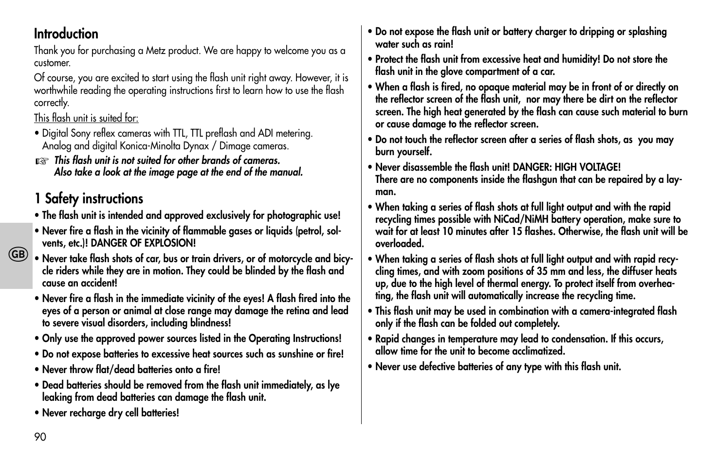 Introduction, 1 safety instructions | Metz MECABLITZ 58 AF-1 digital Sony User Manual | Page 90 / 182