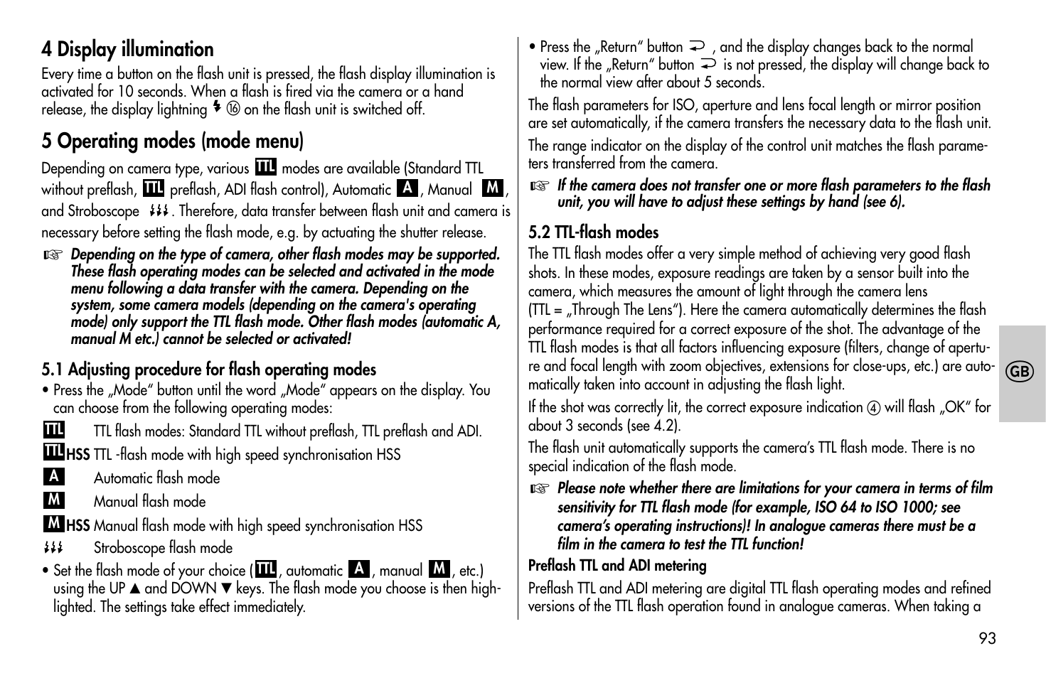 4 display illumination, 5 operating modes (mode menu) | Metz MECABLITZ 58 AF-1 digital Sony User Manual | Page 93 / 182