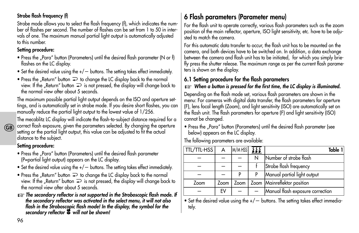 6 flash parameters (parameter menu) | Metz MECABLITZ 58 AF-1 digital Sony User Manual | Page 96 / 182