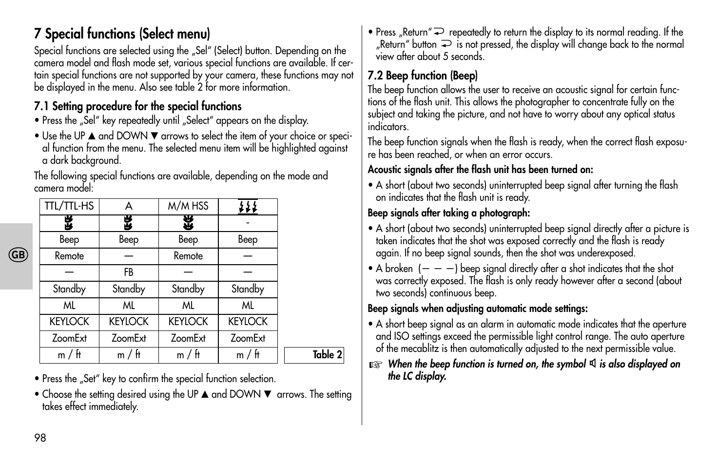 7 special functions (select menu) | Metz MECABLITZ 58 AF-1 digital Sony User Manual | Page 98 / 182