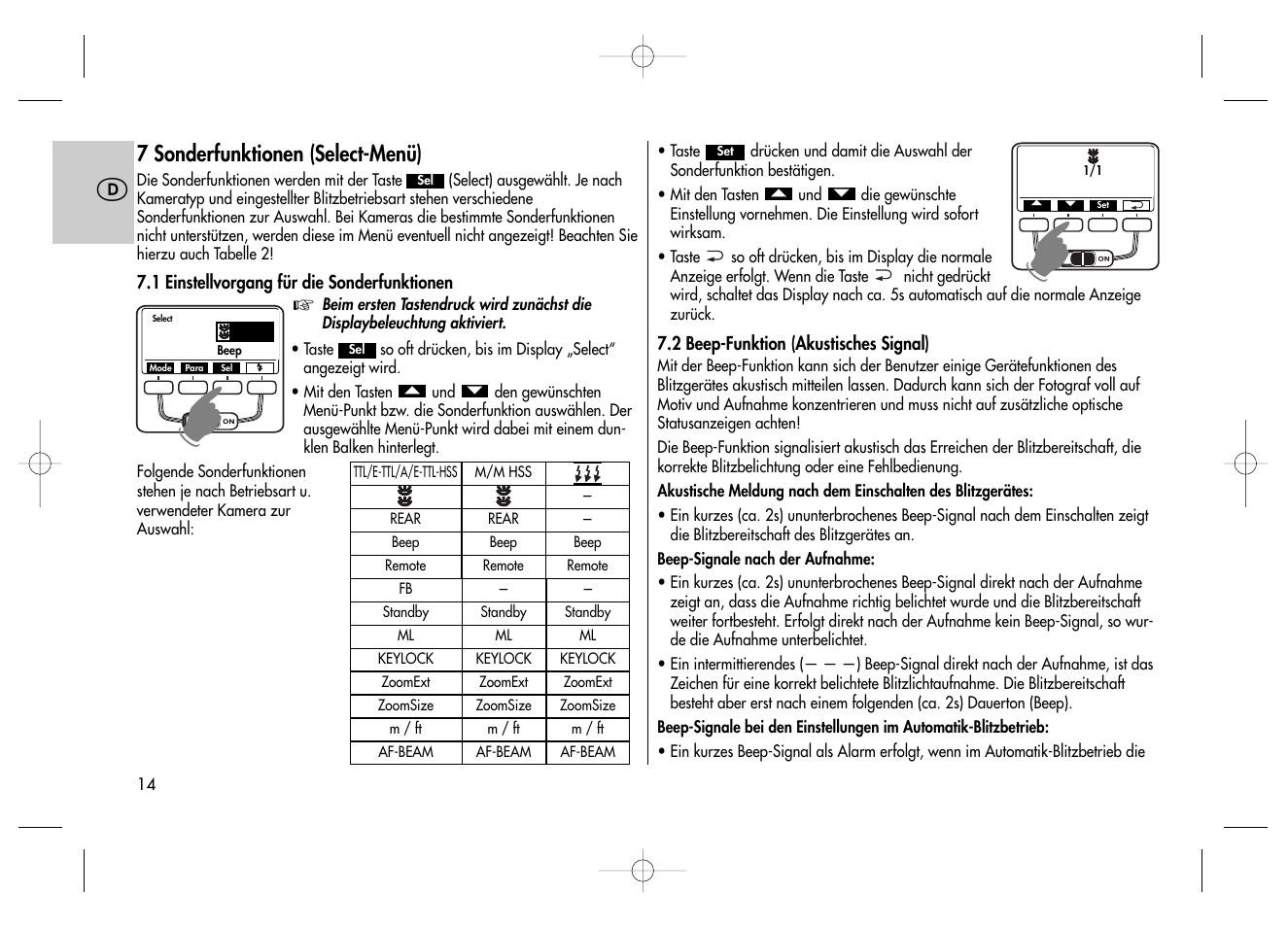 7 sonderfunktionen (select-menü) | Metz MECABLITZ 58 AF-2 digital Canon User Manual | Page 14 / 230