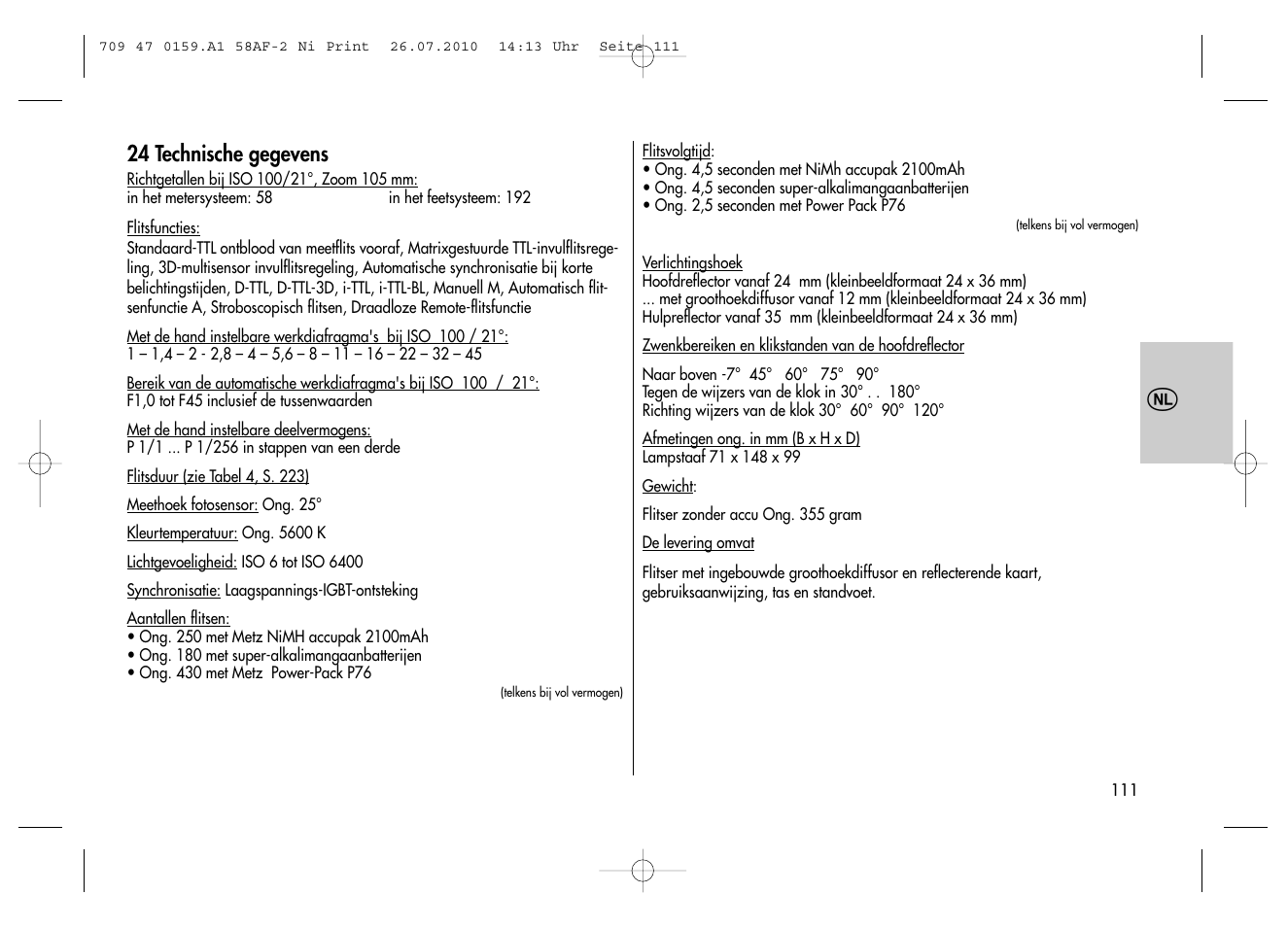 24 technische gegevens | Metz MECABLITZ 58 AF-2 digital Nikon User Manual | Page 111 / 230