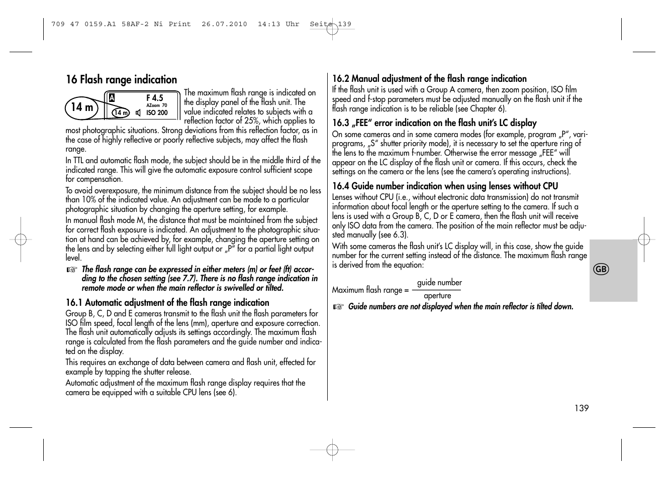 16 flash range indication, 14 m | Metz MECABLITZ 58 AF-2 digital Nikon User Manual | Page 139 / 230