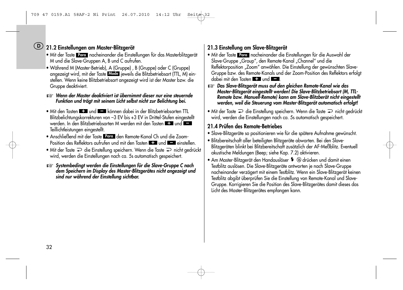 Metz MECABLITZ 58 AF-2 digital Nikon User Manual | Page 32 / 230