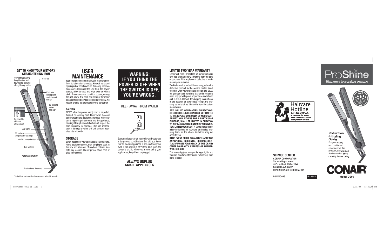 User maintenance, Haircare hotline | Conair CS66 User Manual | Page 2 / 2