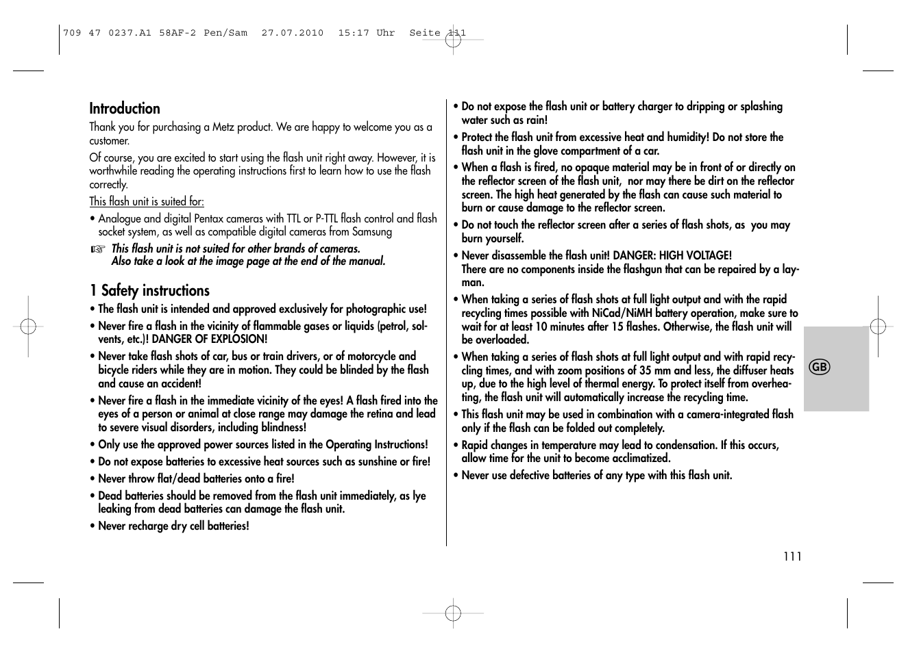 Metz MECABLITZ 58 AF-2 digital Pentax User Manual | Page 111 / 230