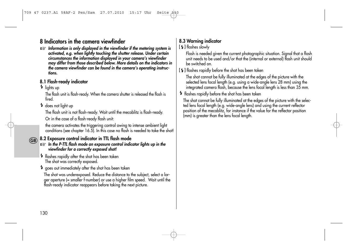 Metz MECABLITZ 58 AF-2 digital Pentax User Manual | Page 130 / 230