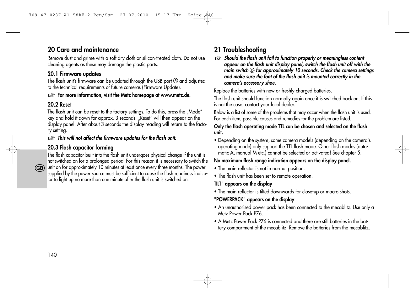Metz MECABLITZ 58 AF-2 digital Pentax User Manual | Page 140 / 230