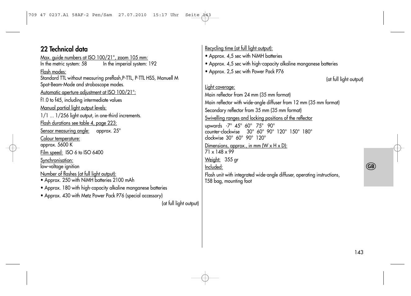 Metz MECABLITZ 58 AF-2 digital Pentax User Manual | Page 143 / 230