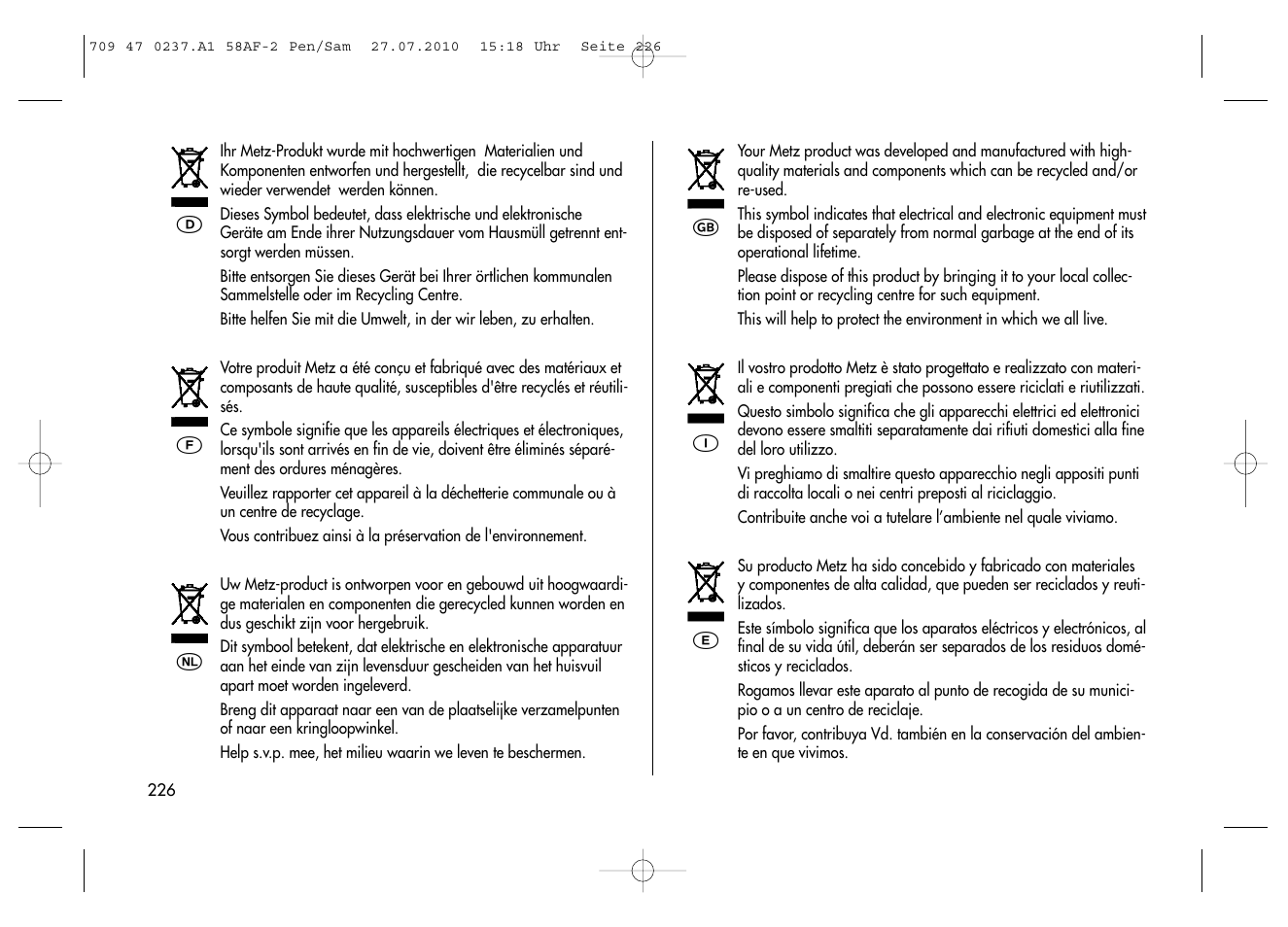 Metz MECABLITZ 58 AF-2 digital Pentax User Manual | Page 226 / 230