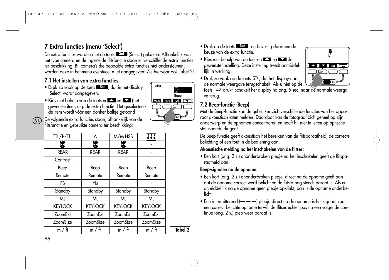 7 extra functies (menu ‘select’) | Metz MECABLITZ 58 AF-2 digital Pentax User Manual | Page 86 / 230