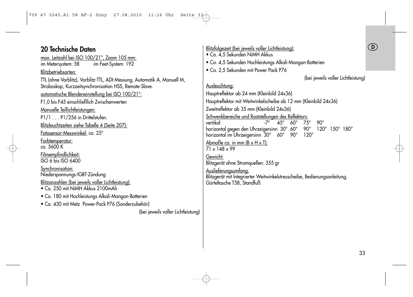 Metz MECABLITZ 58 AF-2 digital Sony User Manual | Page 33 / 214