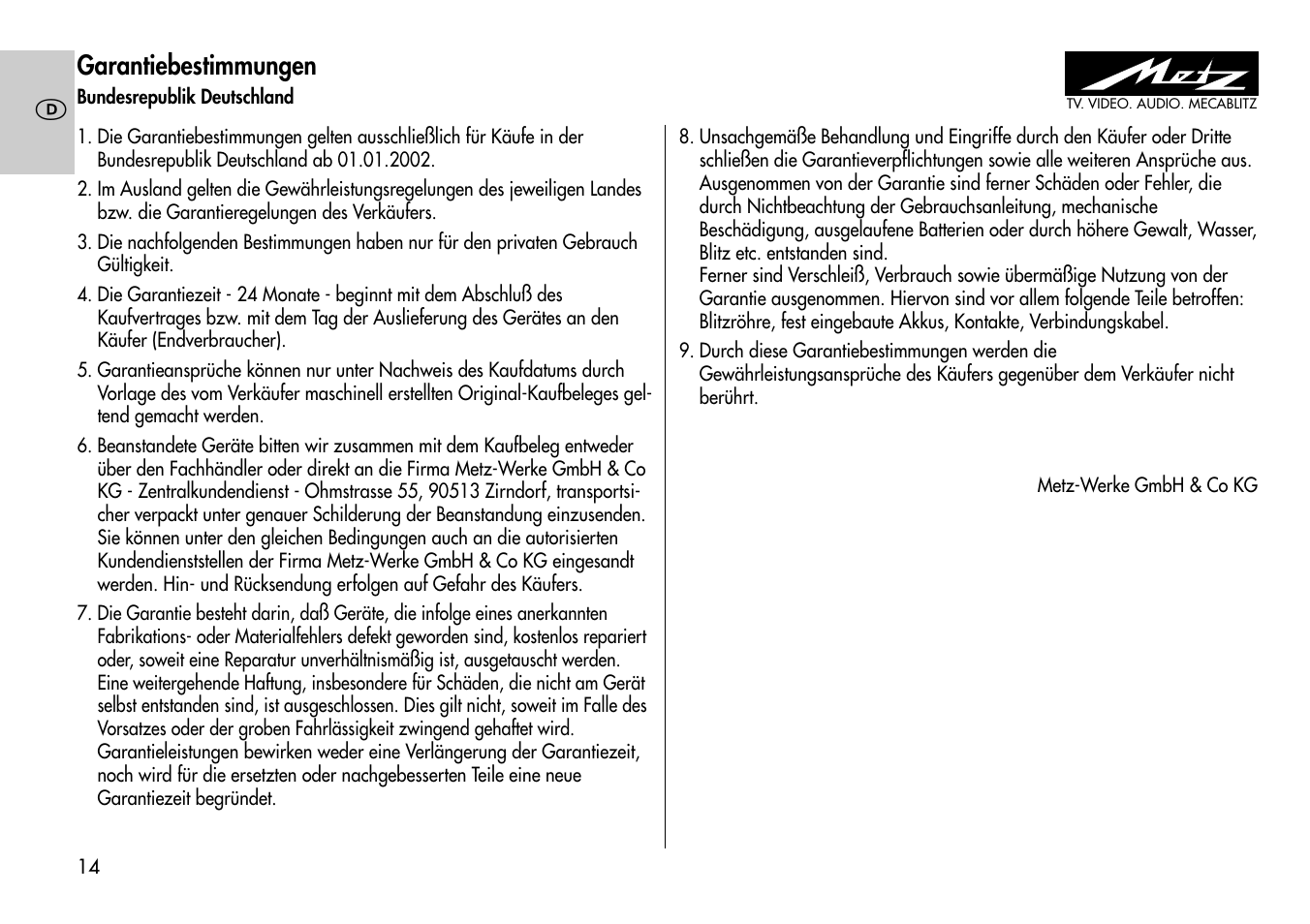Garantiebestimmungen | Metz MECABLITZ 60 CT-4 User Manual | Page 14 / 82
