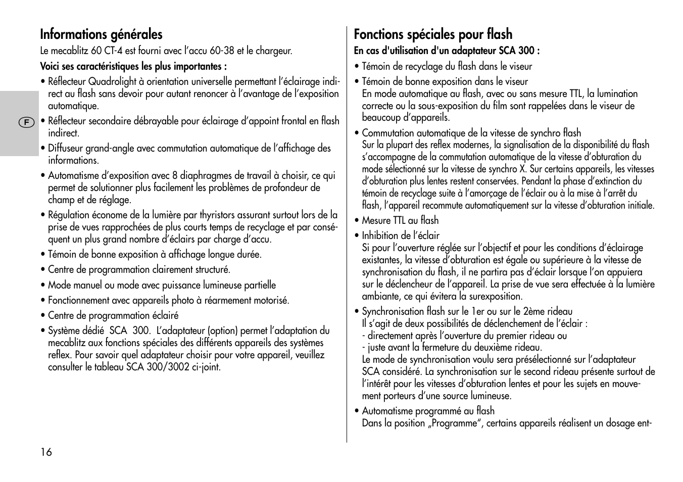 Informations générales, Fonctions spéciales pour flash | Metz MECABLITZ 60 CT-4 User Manual | Page 16 / 82