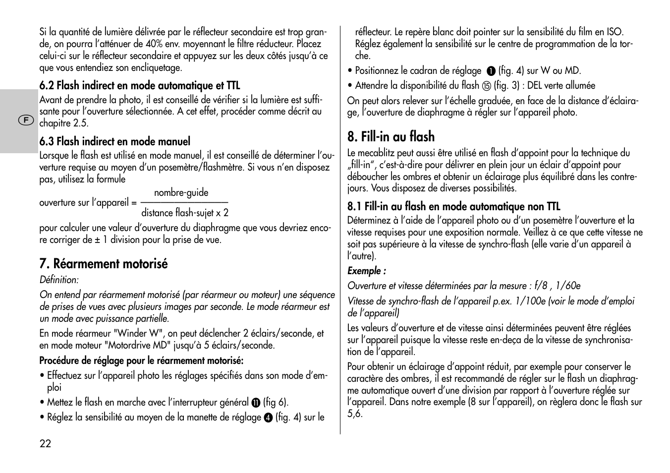 Réarmement motorisé, Fill-in au flash | Metz MECABLITZ 60 CT-4 User Manual | Page 22 / 82
