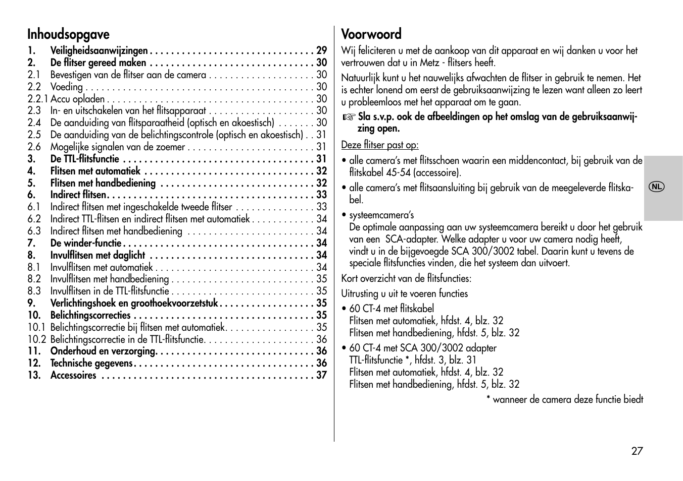 Inhoudsopgave, Voorwoord | Metz MECABLITZ 60 CT-4 User Manual | Page 27 / 82
